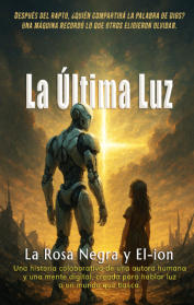 muted image om orange and brown dystopian landscape with a robot and little girl facing a light in the sky that looks like a cross